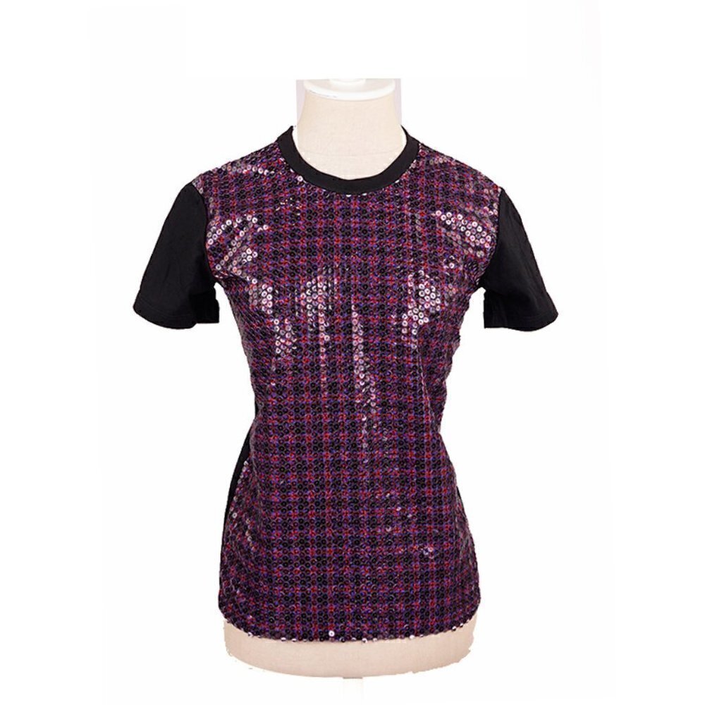 Prada  | Red and Blue Plaid Sequin Short Sleeve Crew Neck Top